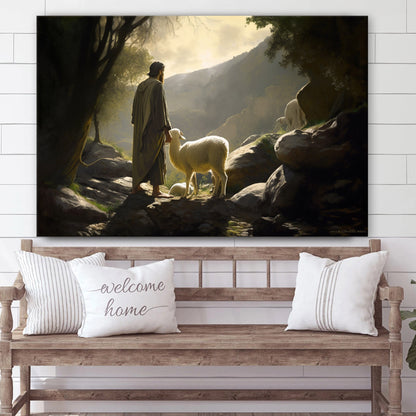 Jesus Standing With A Sheep In A Valley - Canvas Picture - Jesus Christ Canvas - Christian Wall Art