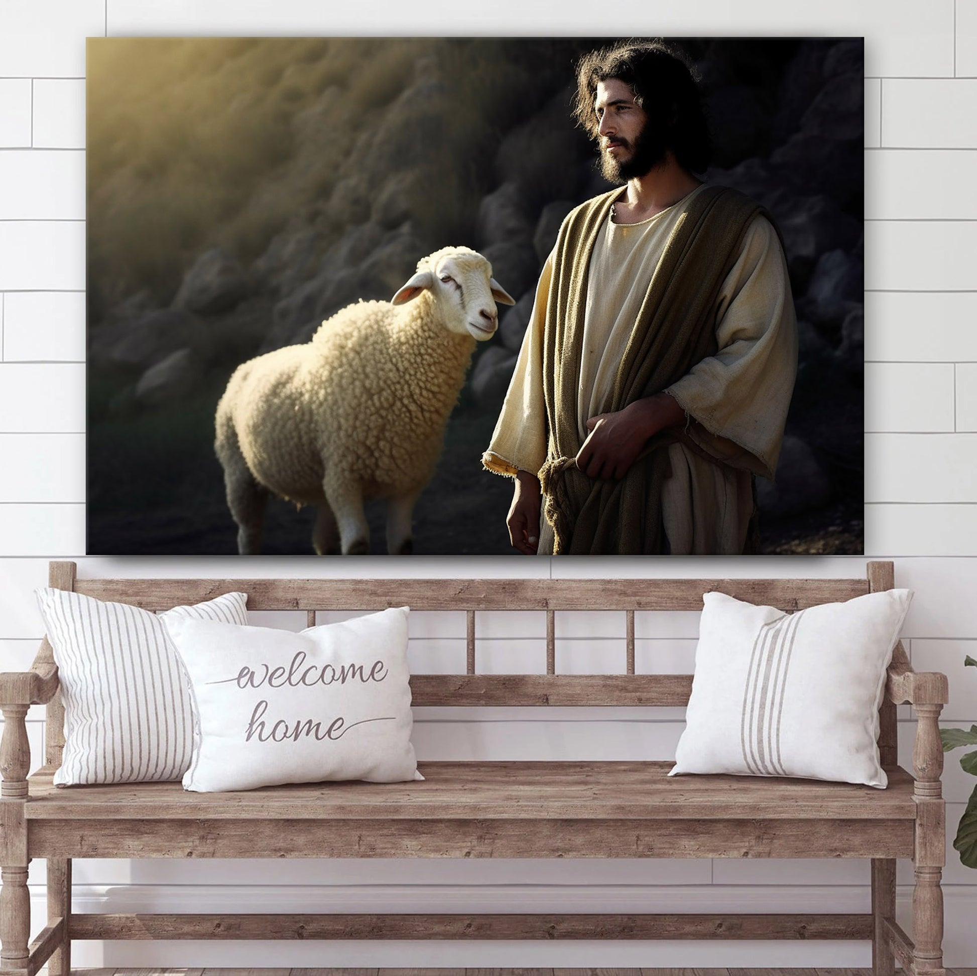 Jesus Standing With A Sheep In A Valley 1 - Canvas Picture - Jesus Christ Canvas - Christian Wall Art