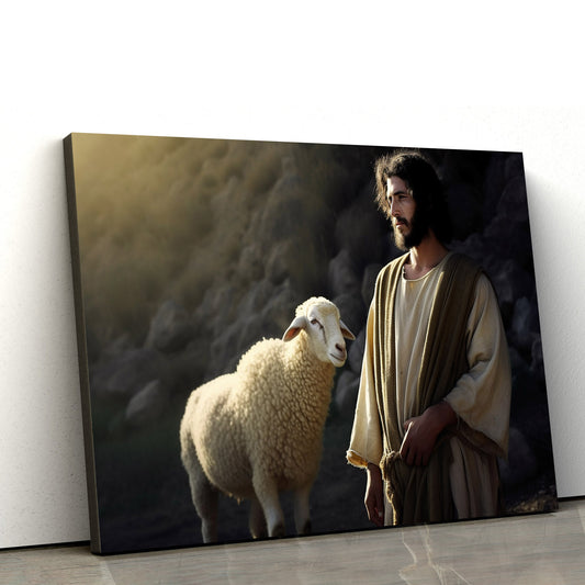 Jesus Standing With A Sheep In A Valley 1 - Canvas Pictures - Jesus Christ Canvas - Christian Wall Art
