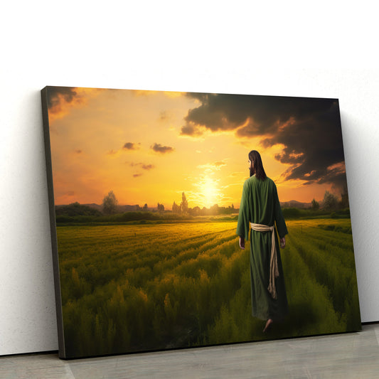 Jesus Stands In Front Of A Field Near The Sunset - Canvas Picture - Jesus Christ Canvas - Christian Wall Art
