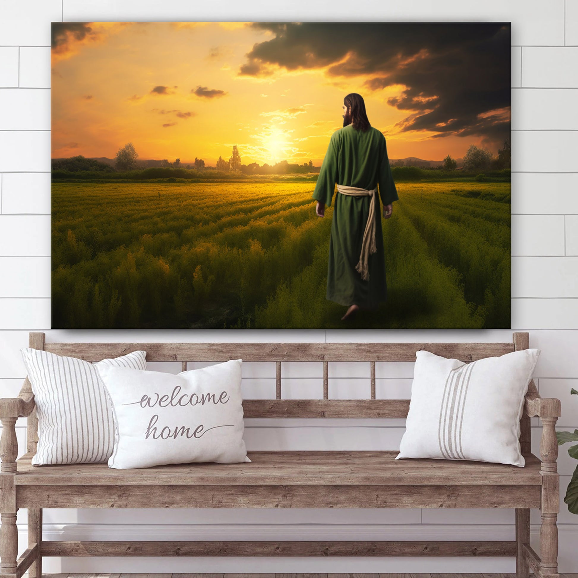 Jesus Stands In Front Of A Field Near The Sunset - Canvas Picture - Jesus Christ Canvas - Christian Wall Art