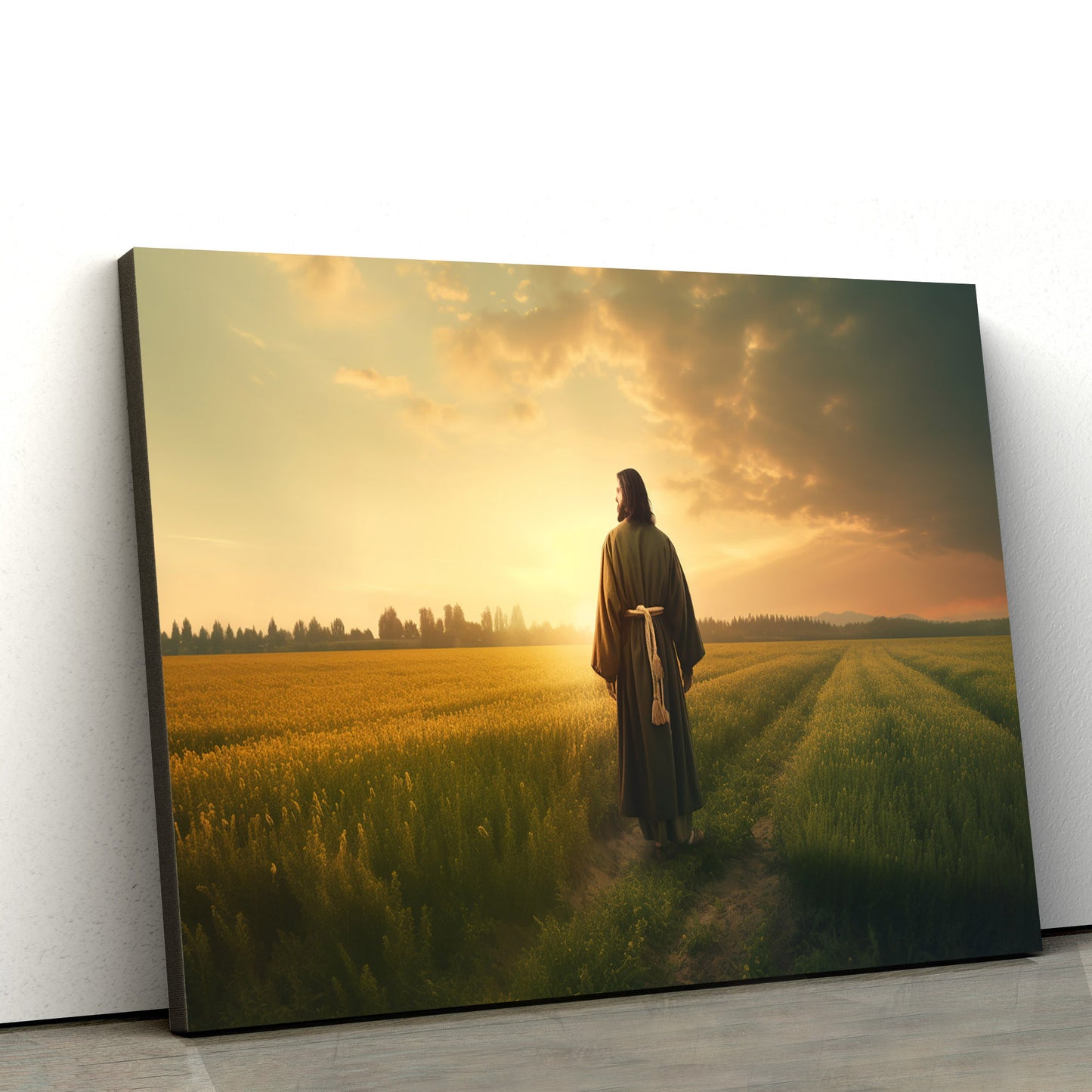 Jesus Stands In Front Of A Field Near The Sunset 1 - Canvas Picture - Jesus Christ Canvas - Christian Wall Art
