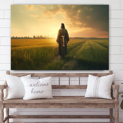 Jesus Stands In Front Of A Field Near The Sunset 1 - Canvas Picture - Jesus Christ Canvas - Christian Wall Art