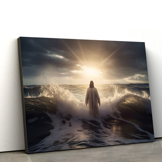 Jesus Stands In Front Of Large Waves - Canvas Picture - Jesus Christ Canvas - Christian Wall Art