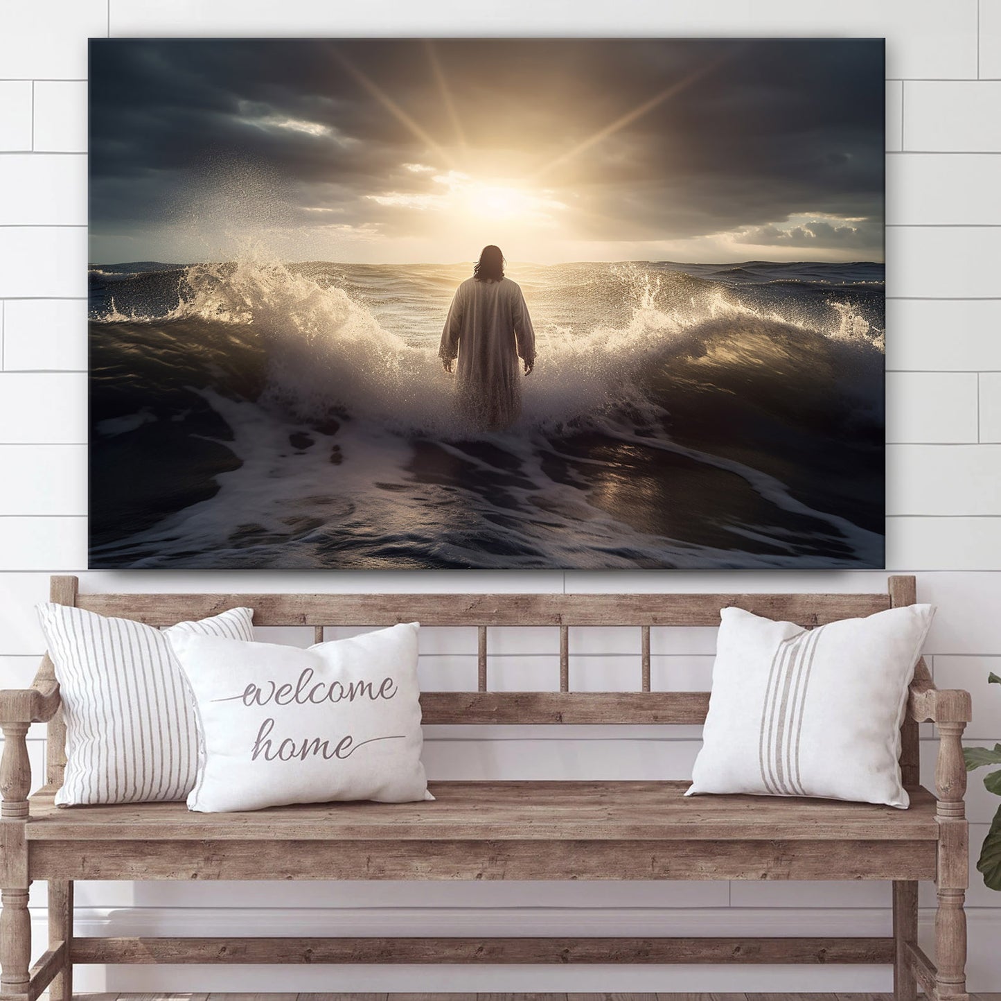 Jesus Stands In Front Of Large Waves - Canvas Picture - Jesus Christ Canvas - Christian Wall Art
