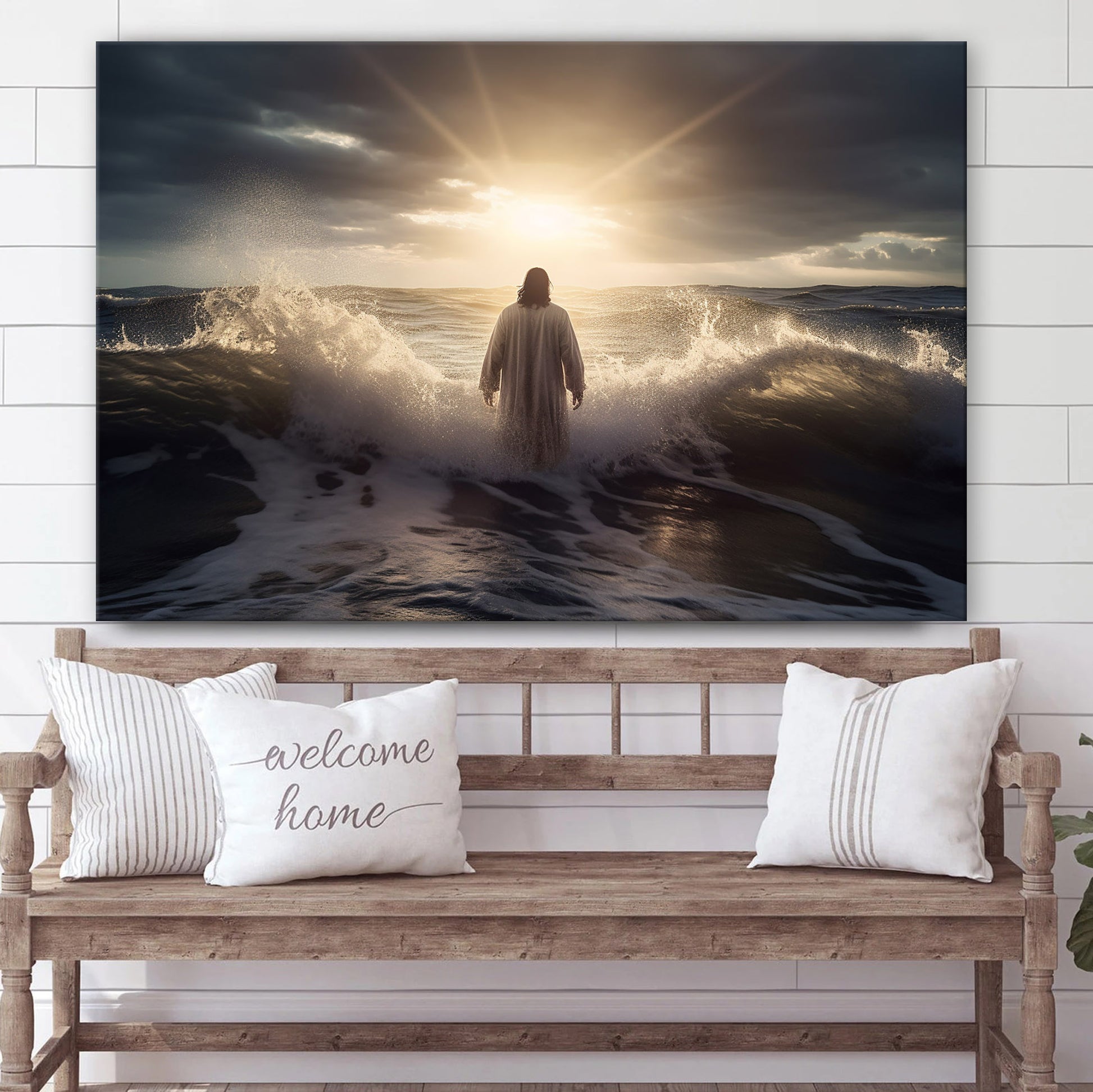 Jesus Stands In Front Of Large Waves - Canvas Picture - Jesus Christ Canvas - Christian Wall Art