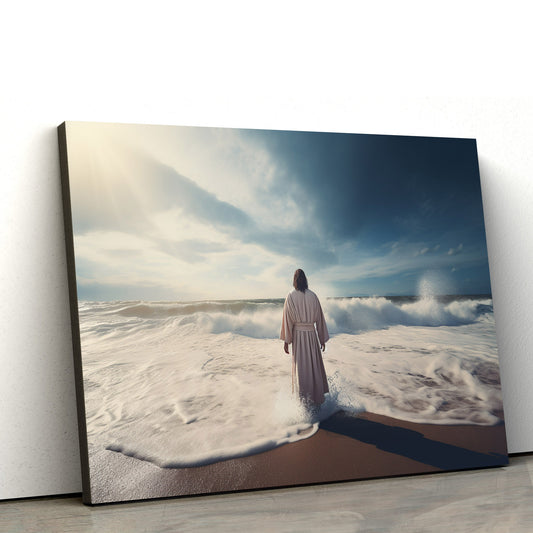 Jesus Stands In Front Of Large Waves 1 - Canvas Picture - Jesus Christ Canvas - Christian Wall Art