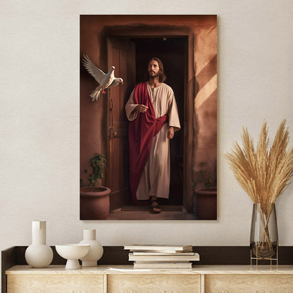Jesus Stood In Front Of A House In Front Of The Door Two Doves Flew In - Canvas Picture - Jesus Christ Canvas - Christian Wall Art