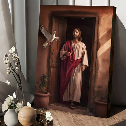 Jesus Stood In Front Of A House In Front Of The Door Two Doves Flew In - Canvas Picture - Jesus Christ Canvas - Christian Wall Art