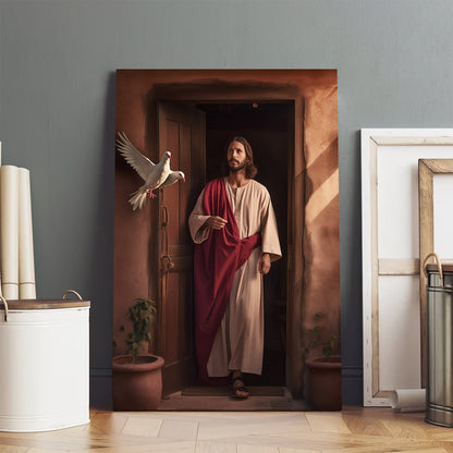 Jesus Stood In Front Of A House In Front Of The Door Two Doves Flew In - Canvas Picture - Jesus Christ Canvas - Christian Wall Art