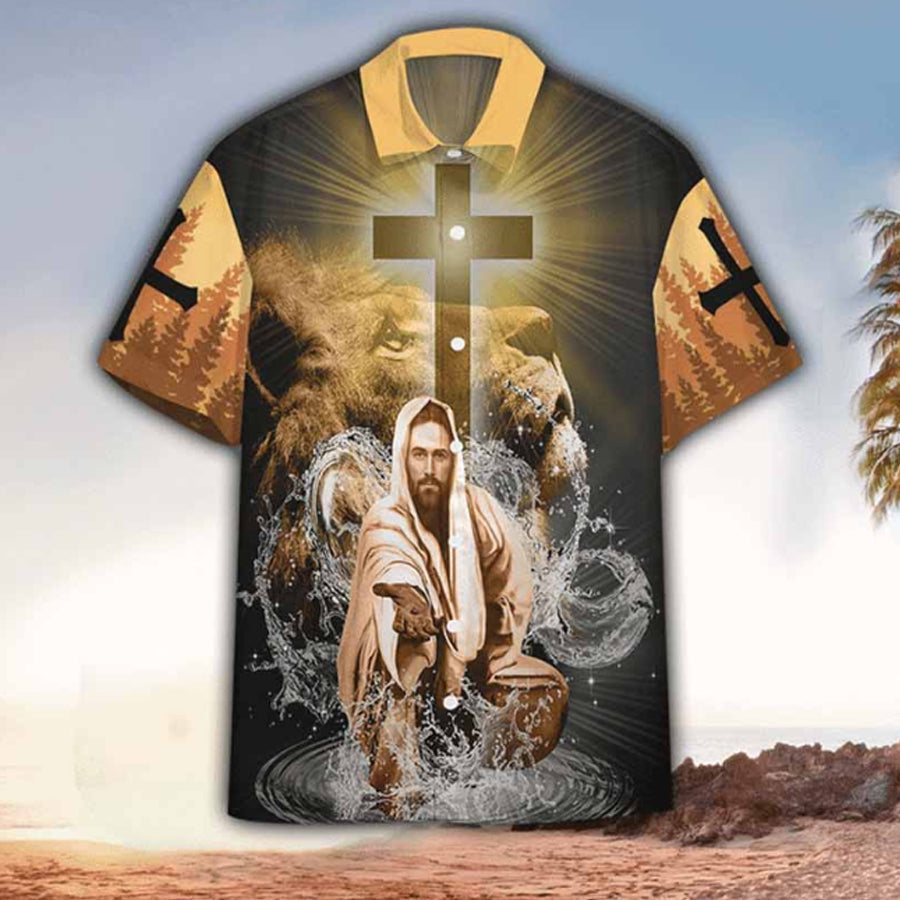 Jesus Stretched Out His Hand Hawaiian Shirt - Christian Hawaiian Shirt - Jesus My God My King Lion Orange Hawaiian Shirt