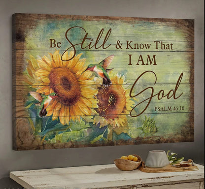 Jesus Stunning Sunflower Hummingbird Be Still And Know That I Am God Canvas Wall Art - Jesus Canvas Pictures - Christian Wall Posters