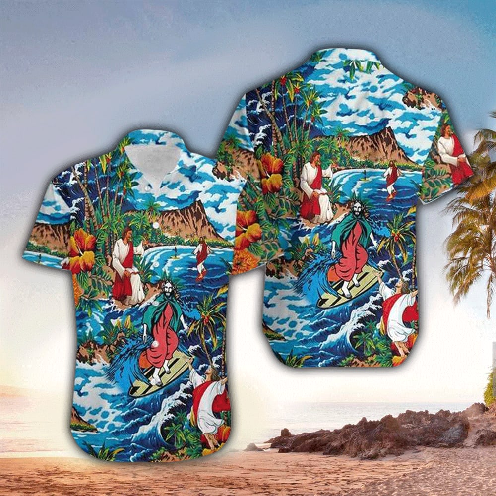 Jesus Surfing On Island Hawaiian Shirt - Christian Hawaiian Shirts For Men & Women