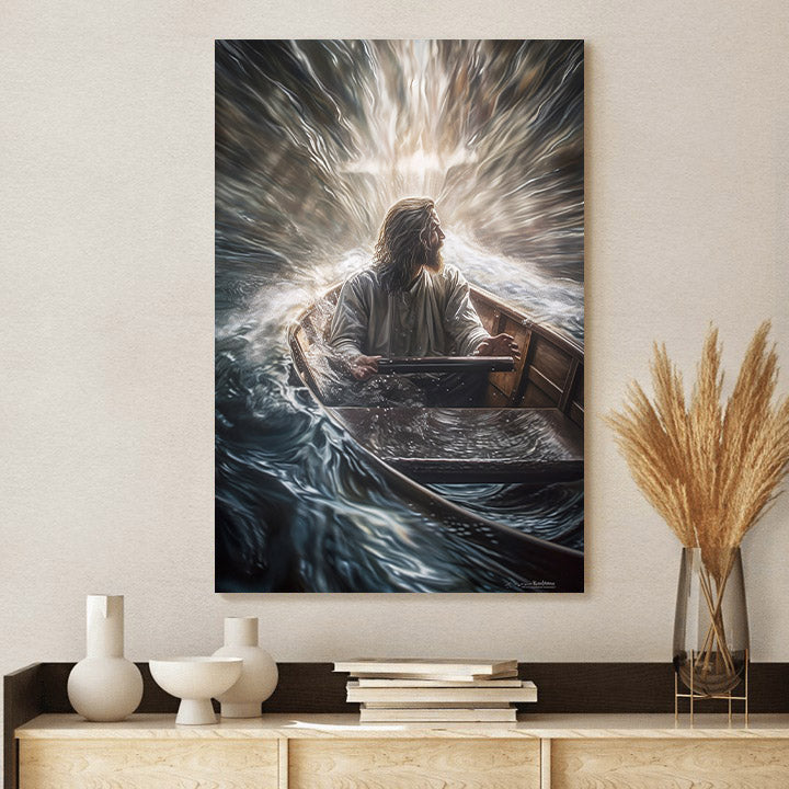 Jesus Swims Through The Water On His Boat - Canvas Picture - Jesus Christ Canvas - Christian Wall Art