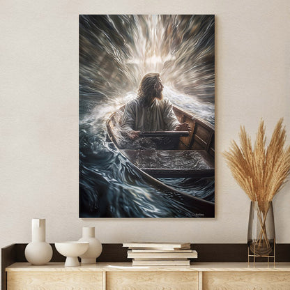 Jesus Swims Through The Water On His Boat - Canvas Picture - Jesus Christ Canvas - Christian Wall Art
