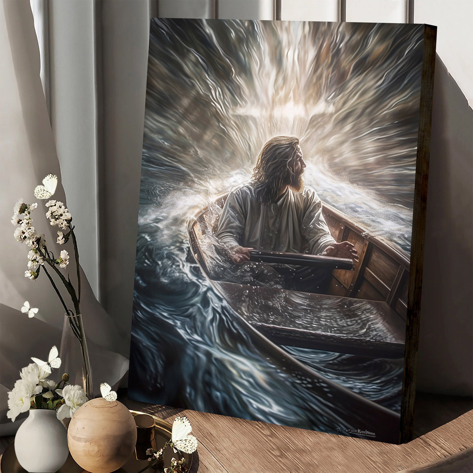 Jesus Swims Through The Water On His Boat - Canvas Picture - Jesus Christ Canvas - Christian Wall Art