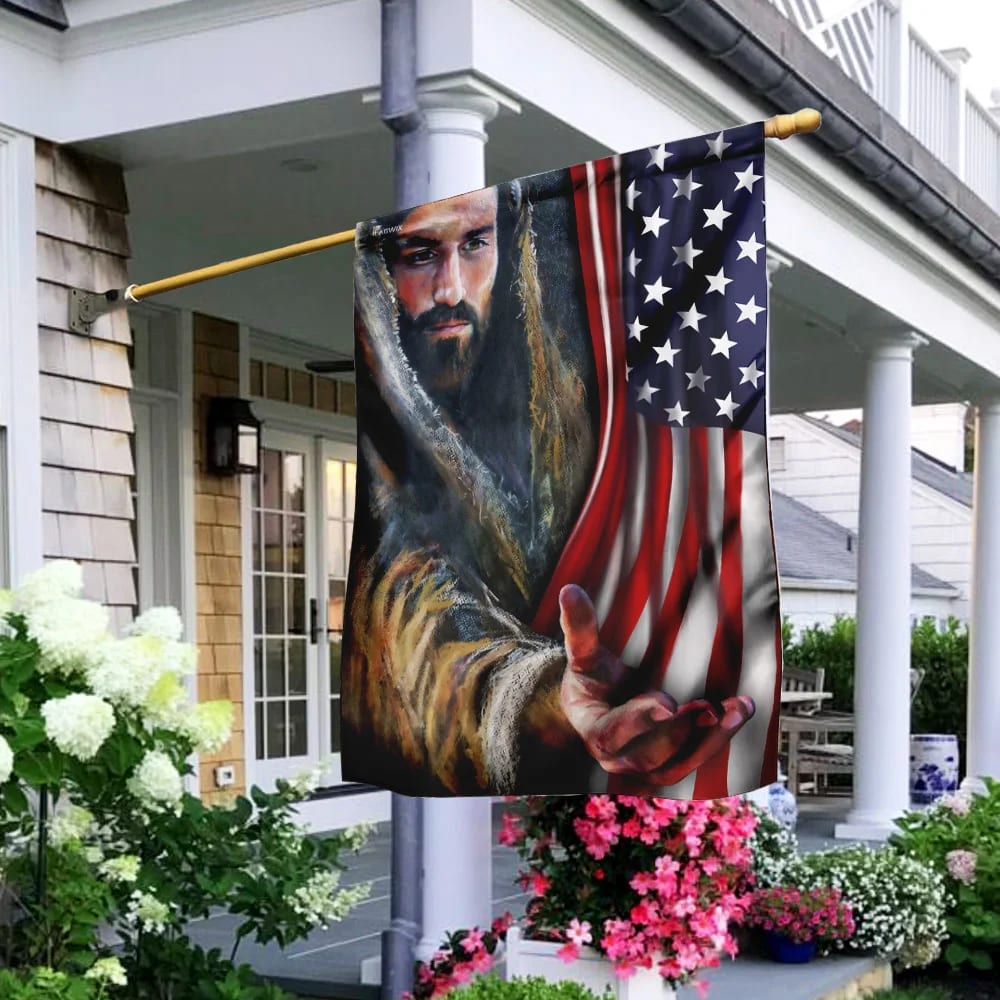 Jesus Take My Hand American US House Flag - Christian Garden Flags - Christian Flag - Religious Flags