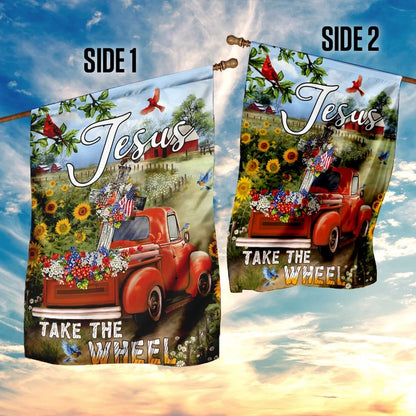 Jesus Take The Wheel Christian Cross Truck Farm Garden House Flags - Christian Garden Flags - Outdoor Christian Flag