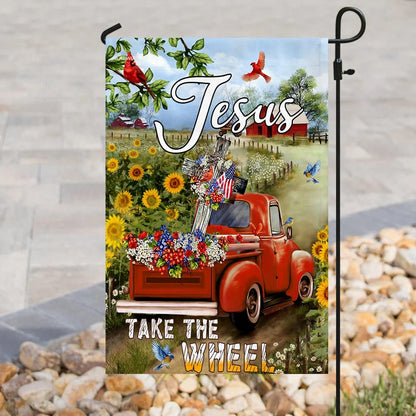 Jesus Take The Wheel Christian Cross Truck Farm Garden House Flags - Christian Garden Flags - Outdoor Christian Flag