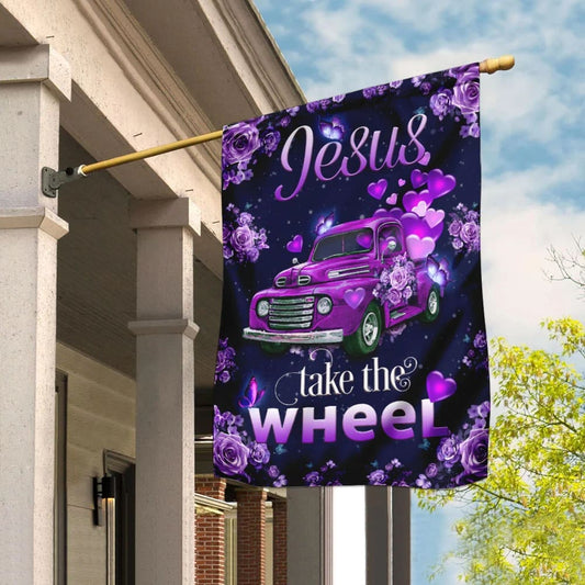 Jesus Take The Wheel Purple Truck House Flag - Christian Garden Flags - Christian Flag - Religious Flags