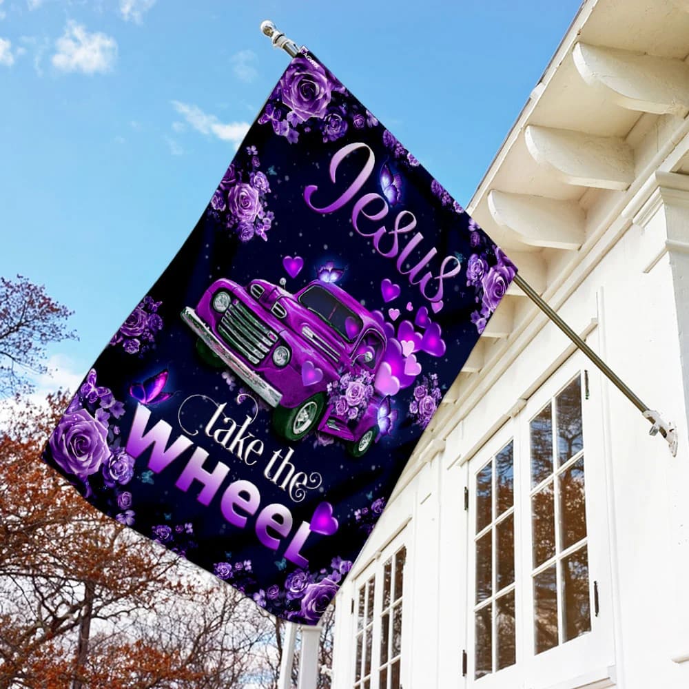 Jesus Take The Wheel Purple Truck House Flag - Christian Garden Flags - Christian Flag - Religious Flags