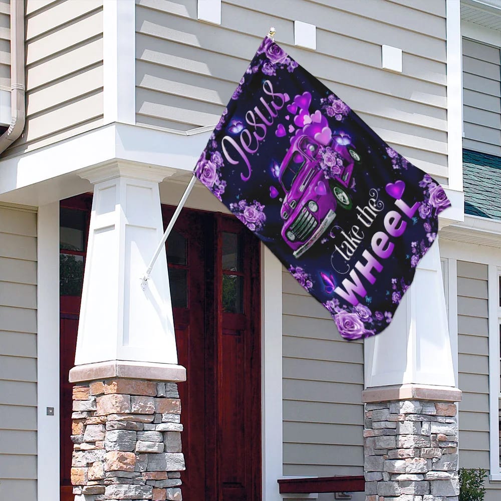 Jesus Take The Wheel Purple Truck House Flag - Christian Garden Flags - Christian Flag - Religious Flags