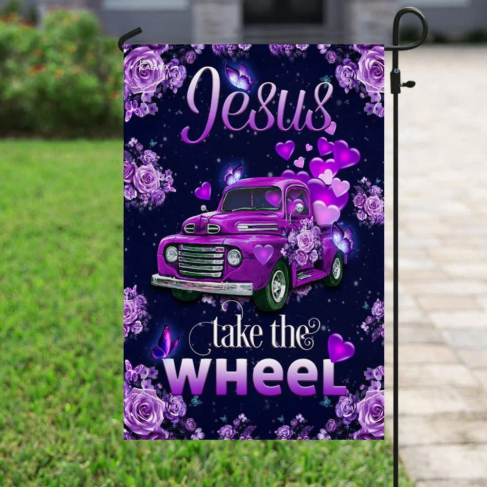 Jesus Take The Wheel Purple Truck House Flag - Christian Garden Flags - Christian Flag - Religious Flags
