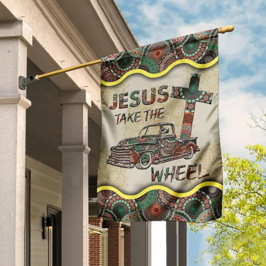Jesus Take The Wheel Vintage Mandala House Flag - Christian Garden Flags - Christian Flag - Religious Flags