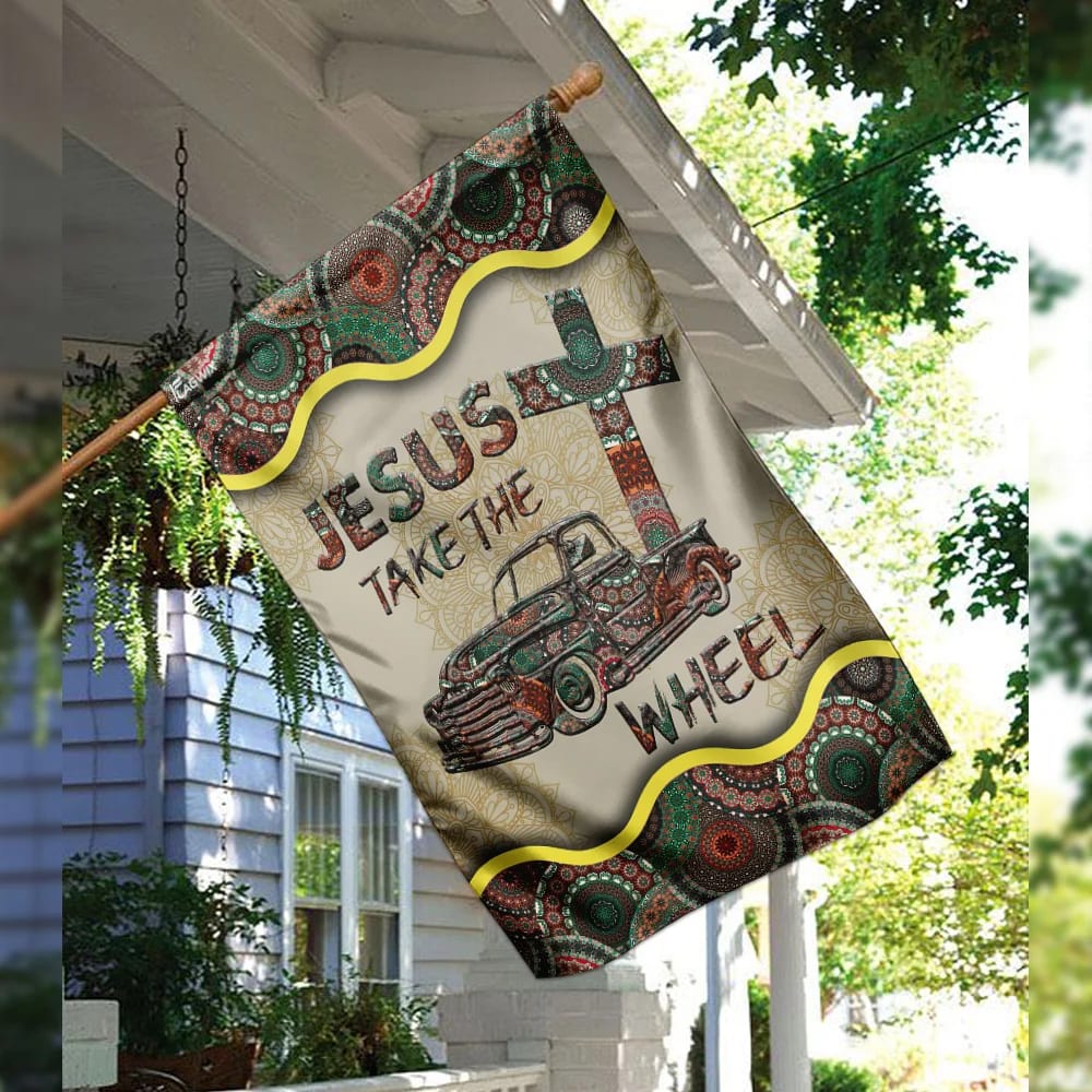 Jesus Take The Wheel Vintage Mandala House Flag - Christian Garden Flags - Christian Flag - Religious Flags