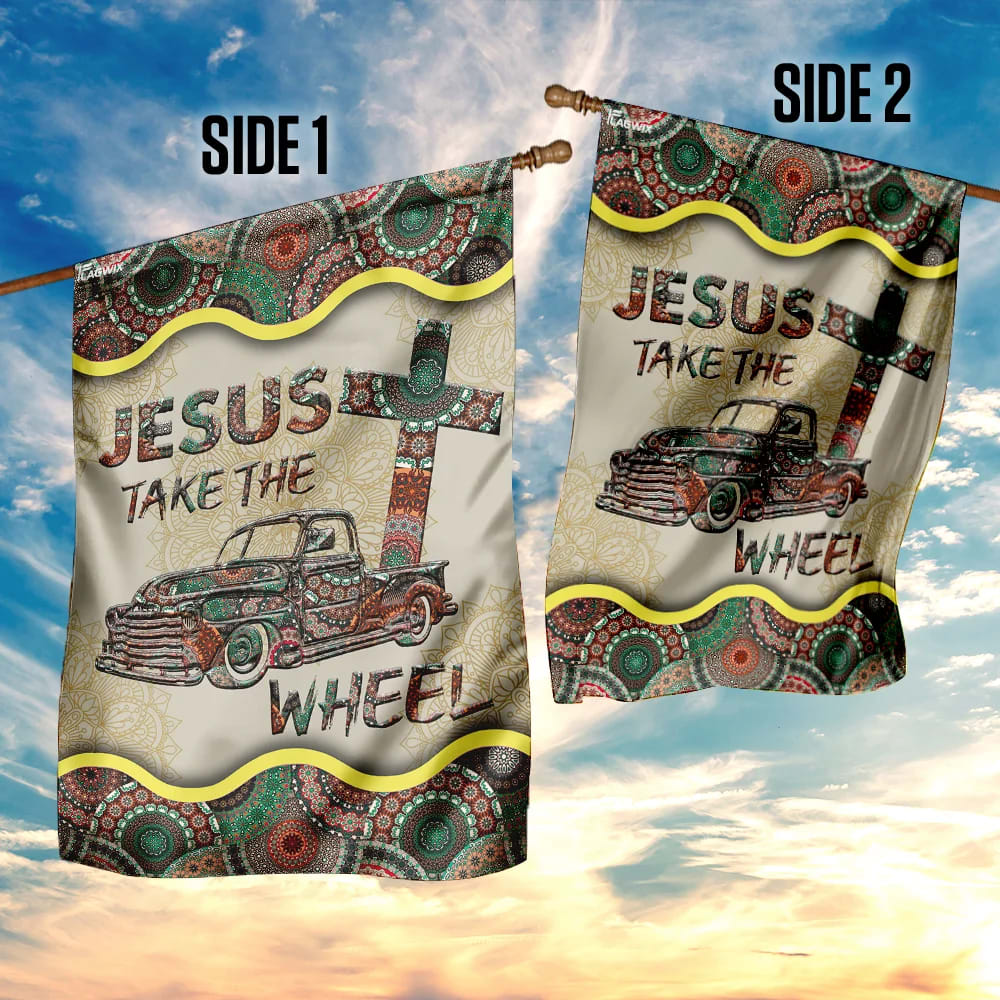 Jesus Take The Wheel Vintage Mandala House Flag - Christian Garden Flags - Christian Flag - Religious Flags