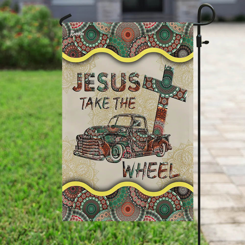 Jesus Take The Wheel Vintage Mandala House Flag - Christian Garden Flags - Christian Flag - Religious Flags