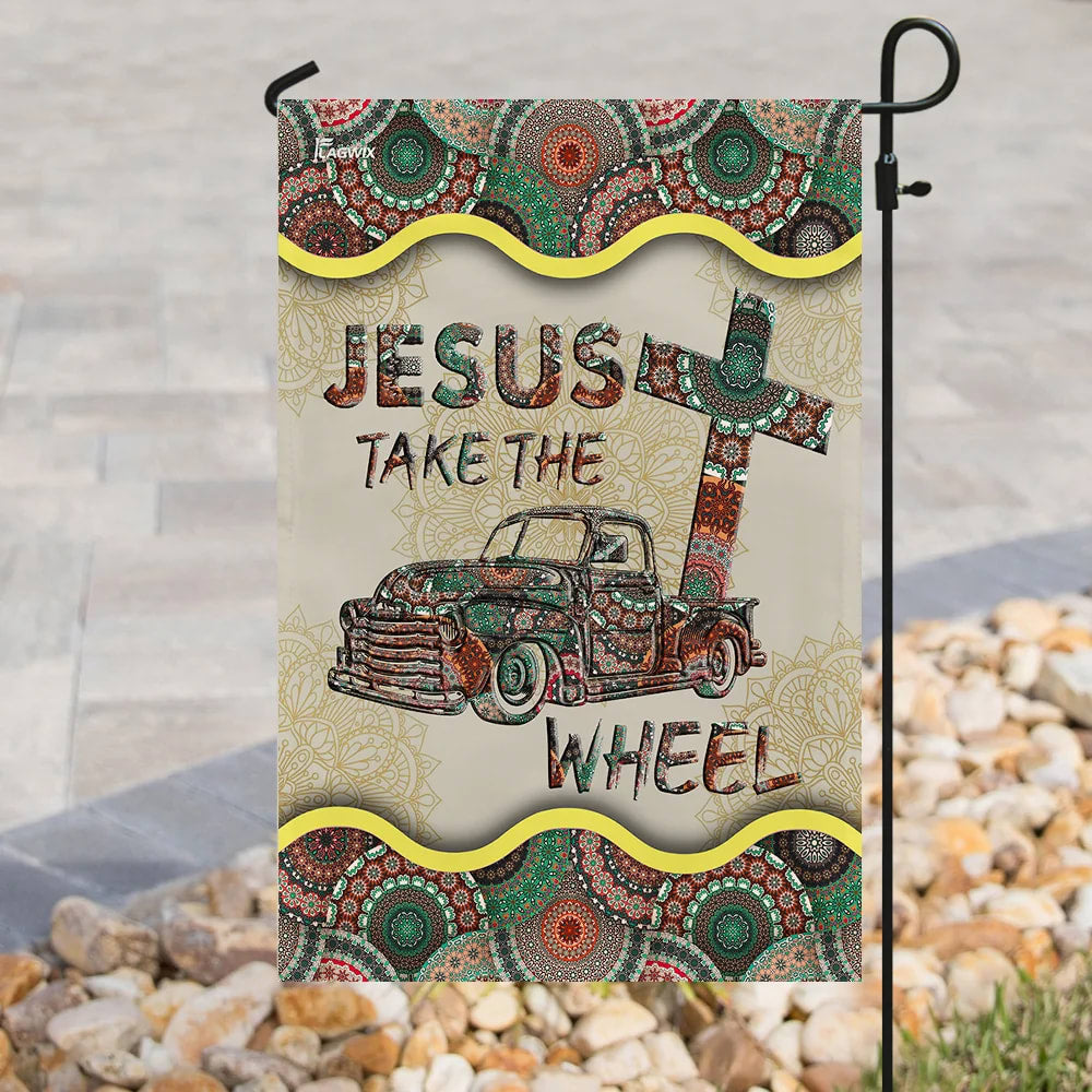 Jesus Take The Wheel Vintage Mandala House Flag - Christian Garden Flags - Christian Flag - Religious Flags