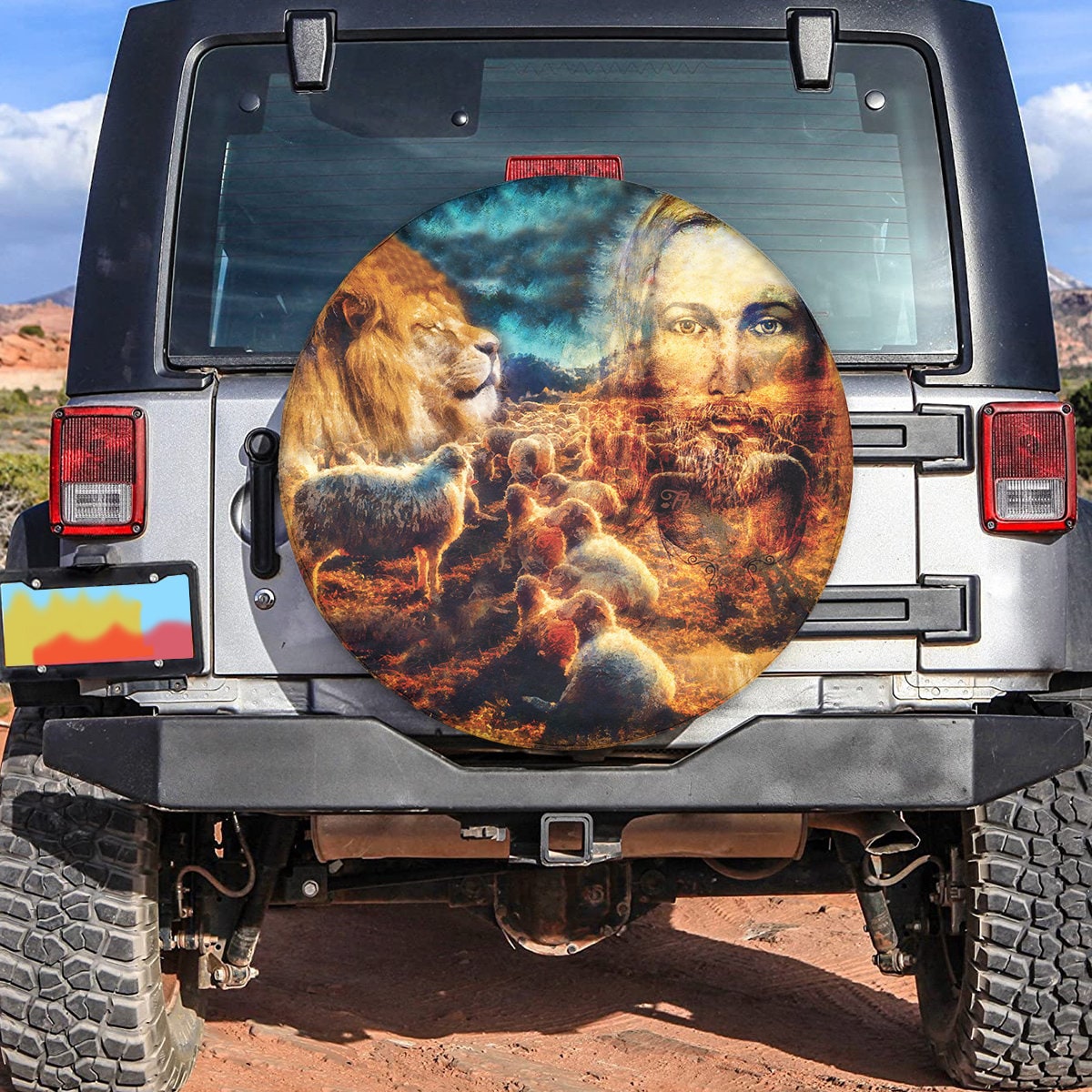 Jesus The Good Shepherd Tire Cover - Jesus And Lambs And Lion - God Power Lion Tire Cover