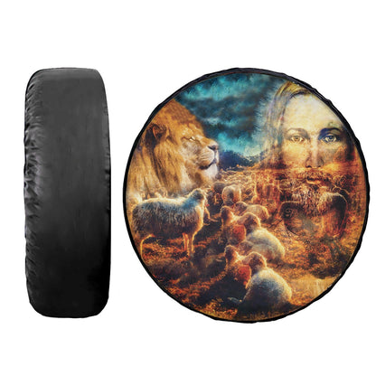Jesus The Good Shepherd Tire Cover - Jesus And Lambs And Lion - God Power Lion Tire Cover
