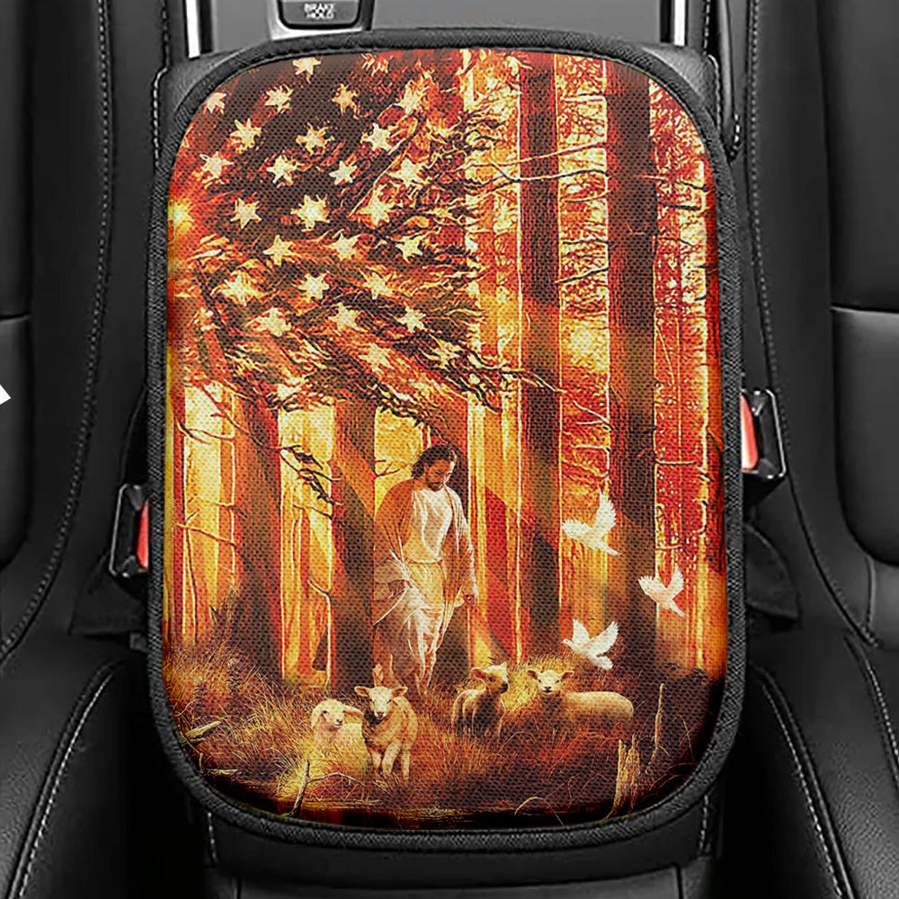 Jesus & The Lambs Seat Box Cover, Jesus Car Center Console Cover, Christian Car Interior Accessories