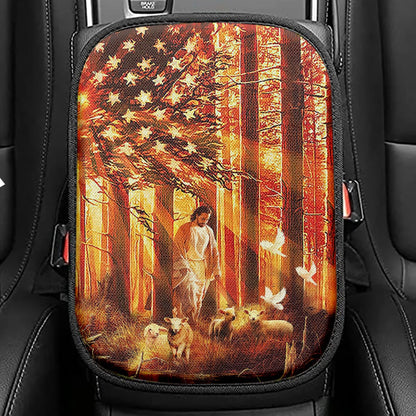Jesus & The Lambs Seat Box Cover, Jesus Car Center Console Cover, Christian Car Interior Accessories