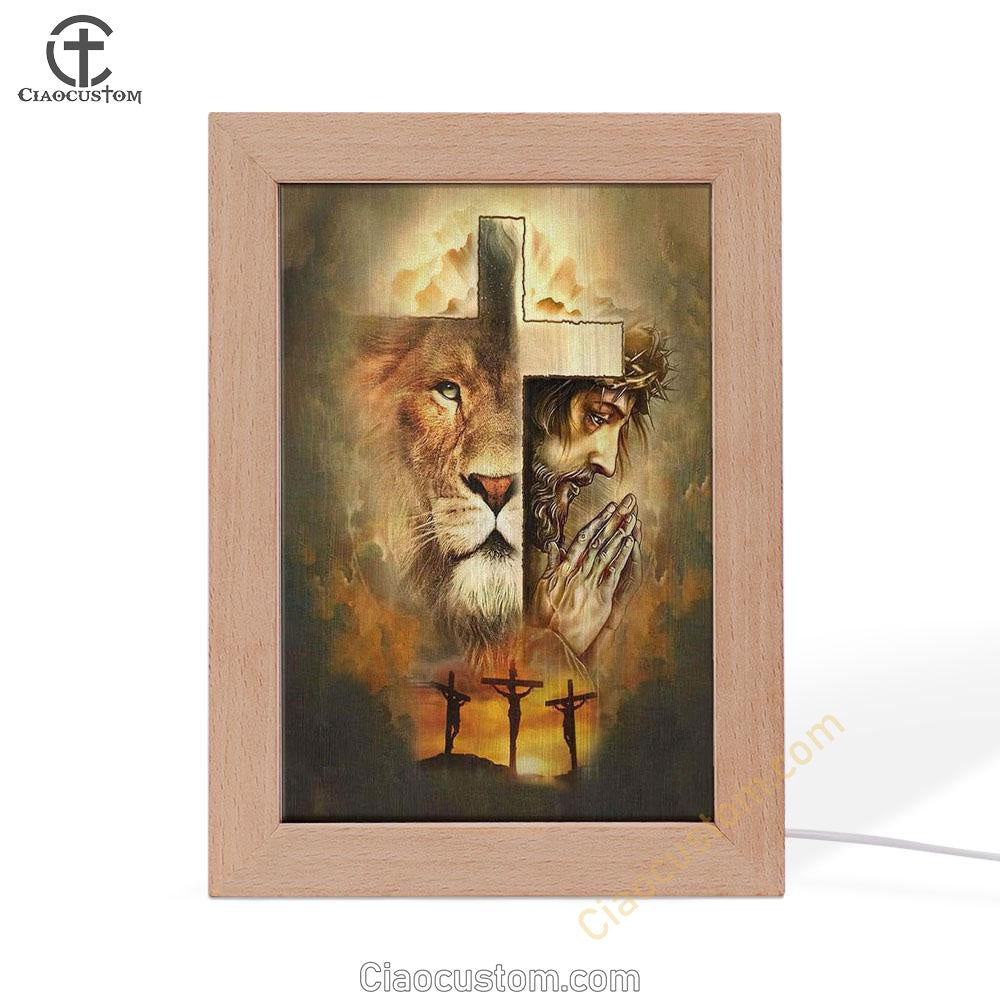 Jesus The Lion Of Judah Frame Lamp Prints - Bible Verse Wooden Lamp - Scripture Night Light