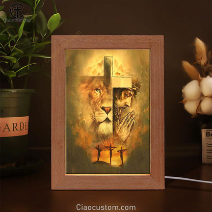 Jesus The Lion Of Judah Frame Lamp Prints - Bible Verse Wooden Lamp - Scripture Night Light