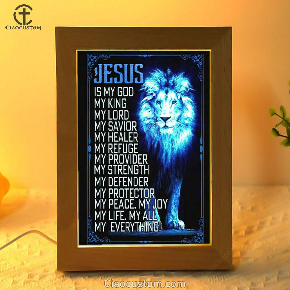 Jesus The Lion Of Judah Is My God Frame Lamp Prints - Bible Verse Wooden Lamp - Scripture Night Light