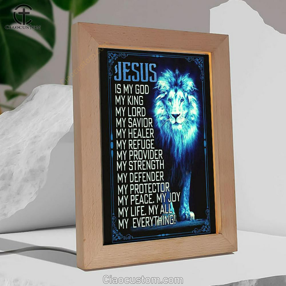 Jesus The Lion Of Judah Is My God Frame Lamp Prints - Bible Verse Wooden Lamp - Scripture Night Light