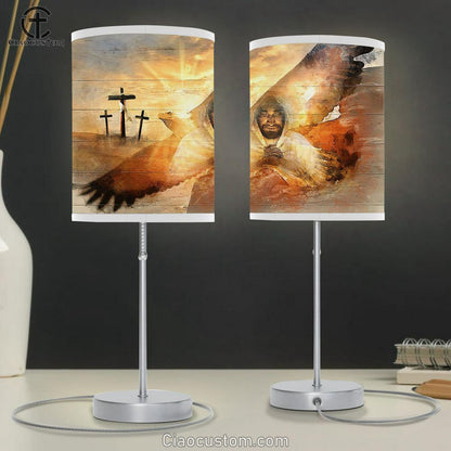 Jesus The Lord's Prayer Bald Eagle Three Wooden Crosses Table Lamp For Bedroom - Bible Verse Table Lamp - Religious Room Decor