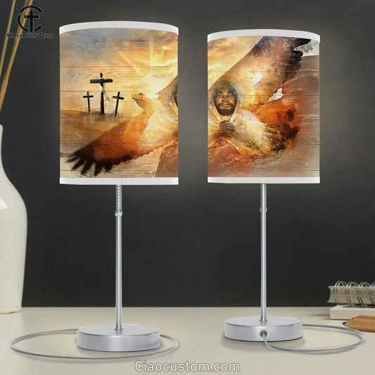 Jesus The Lord's Prayer Bald Eagle Three Wooden Crosses Table Lamp For Bedroom - Bible Verse Table Lamp - Religious Room Decor