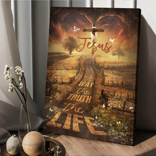 Jesus The Way The Truth The Life Canvas - Amazing Farm Pretty Sunset Daisy Field Canvas Wall Art - Christian Wall Posters - Religious Wall Decor