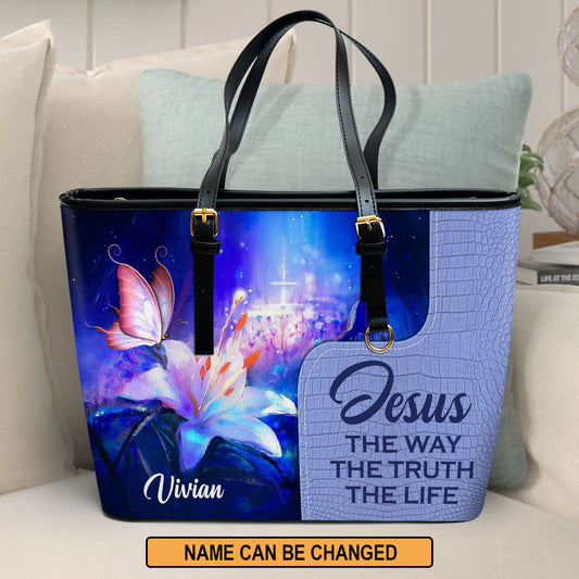 Jesus The Way The Truth The Life Personalized Lily Large Leather Tote Bag - Christian Inspirational Gifts For Women