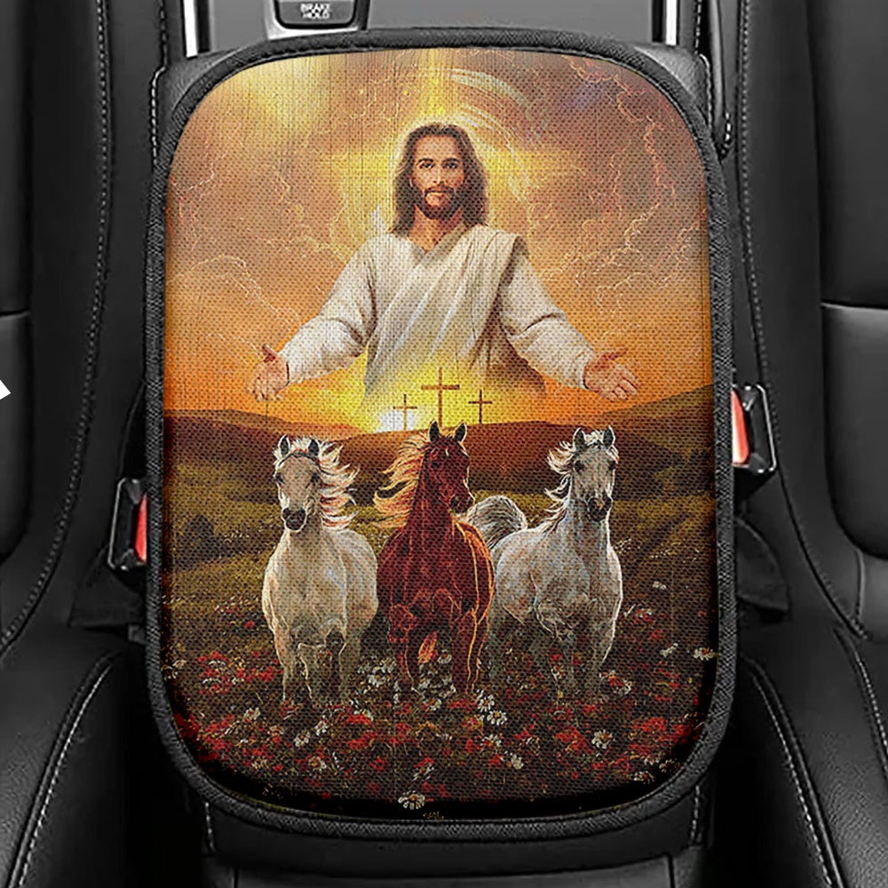 Jesus Three Old Rugged Cross Seat Box Cover, Christian Car Center Console Cover, Bible Verse Car Interior Accessories