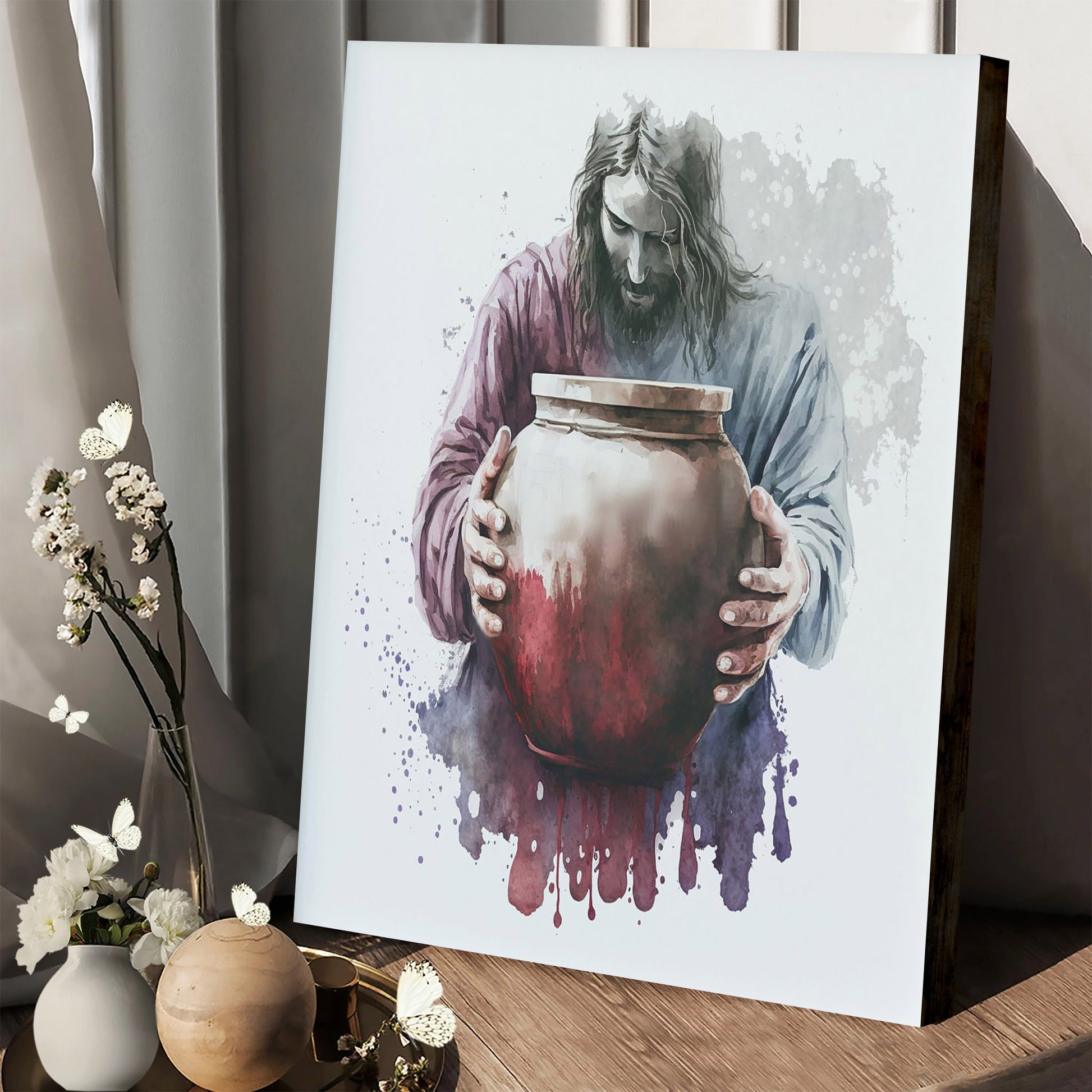 Jesus Turns Water Into Wine Boho Watercolor Painting - Canvas Pictures - Jesus Canvas Art - Christian Wall Art