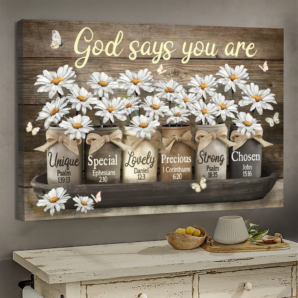 Jesus Vintage Daisy Vase God Says You Are Canvas Wall Art - Jesus Canvas Pictures - Christian Wall Posters