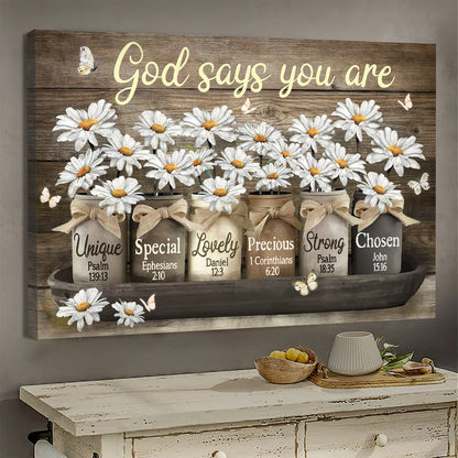 Jesus Vintage Daisy Vase God Says You Are Canvas Wall Art - Jesus Canvas Pictures - Christian Wall Posters