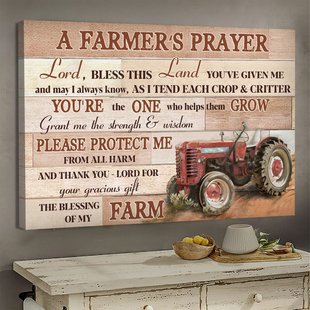 Jesus Vintage Red Farm Tractor A Farmer's Prayer Canvas Wall Art - Jesus Canvas Pictures - Christian Wall Posters
