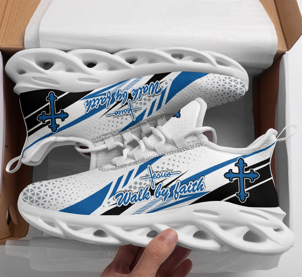 Jesus Walk By Faith  Blue Yezy Running Sneakers Max Soul Shoes - Christian Shoes For Men And Women